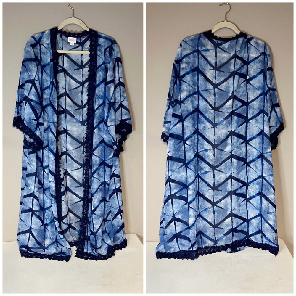 LulaRoe Blue & White Ocean Water Print Long Duster Cover Up
